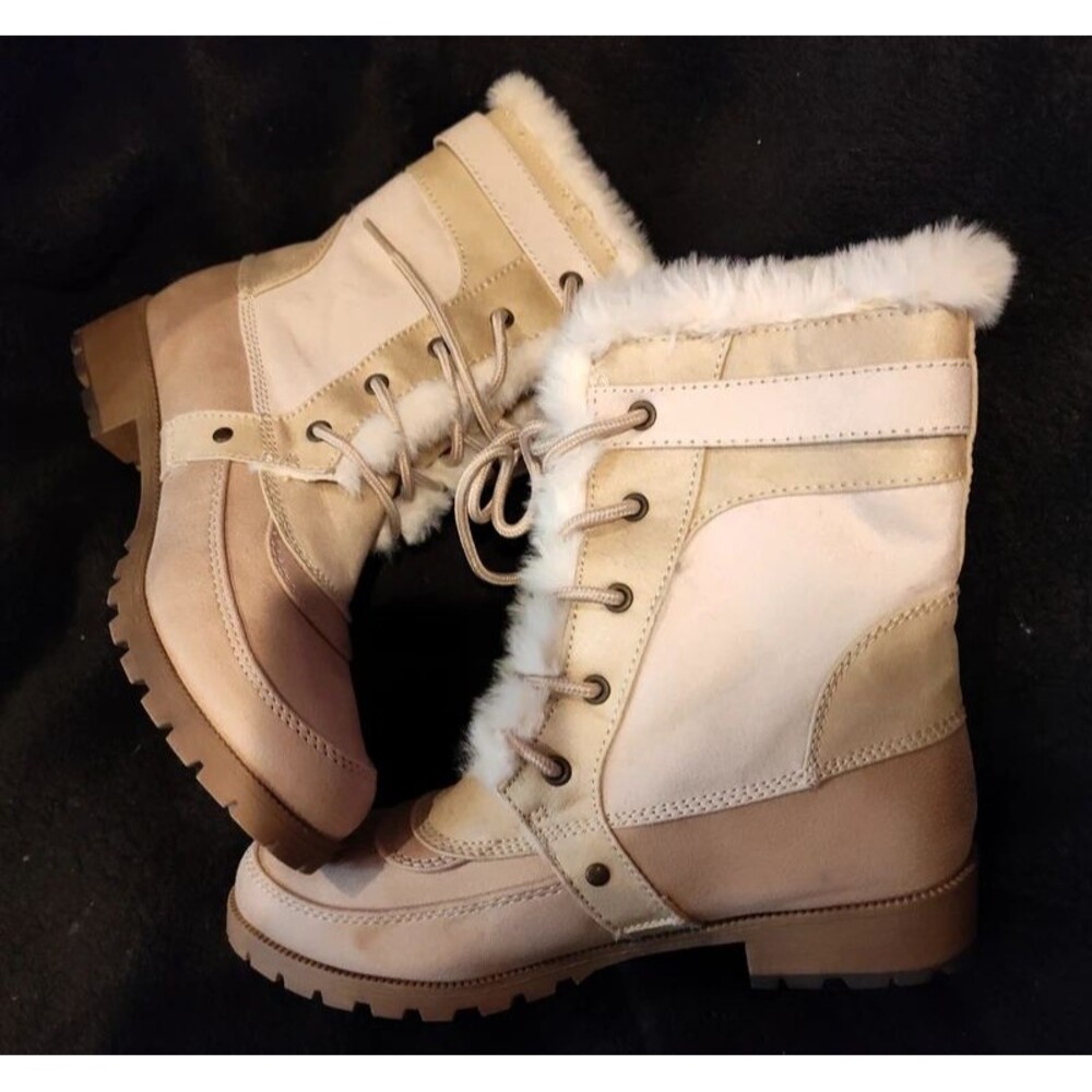 Brand New 7.5M JellyPop Faux Suede Fur Trim Laced Winter Boots w Buckle Accent